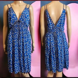 Xhilaration Blue Floral Waist Tying Double Strap Summer Dress